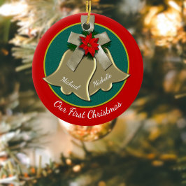 新婚夫婦の最初のクリスマス ゴールドベルオーナメント セラミックオーナメント