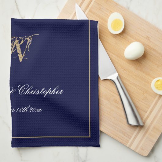 新婚夫婦へのウェディングギフト・エレガントなモノグラム・ネイビー キッチンタオル (四つ折り)