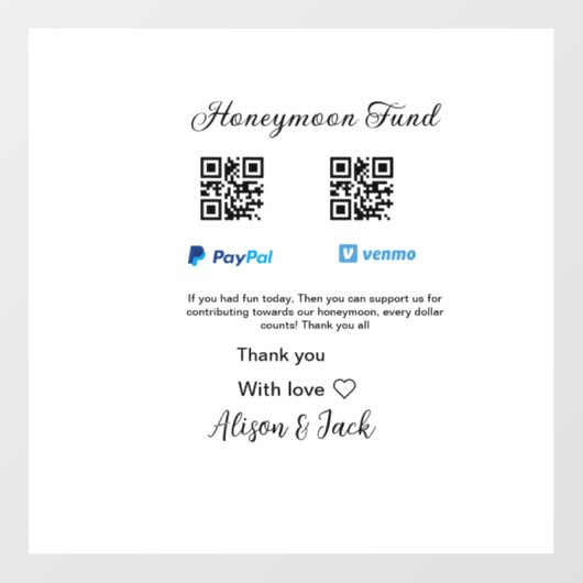 新婚旅行ファンドvenomo paypal寄付Q Rカップル ウィンドウサイン (シート)