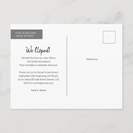 新婚旅行中に撮った　ご夫婦の記念写真のお知らせです 案内ポストカード (裏面)