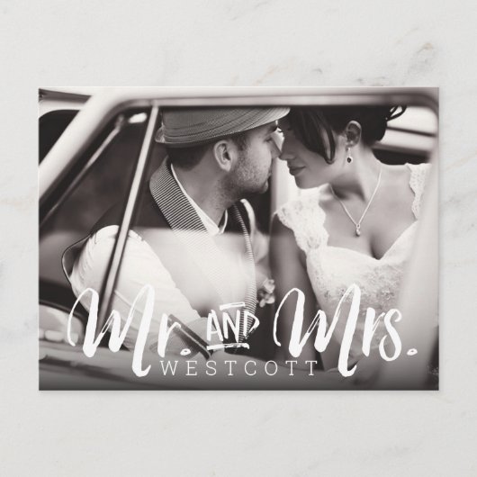 新婚旅行中に撮った　ご夫婦の記念写真のお知らせです 案内ポストカード (正面)