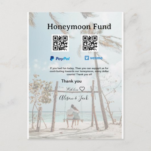 新婚旅行資金 Venmo PayPal 寄付 QR カップル ポストカード (正面)