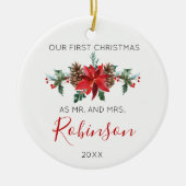 新婚者のクリスマスの氏および夫人赤い冬は開花します セラミックオーナメント (正面)