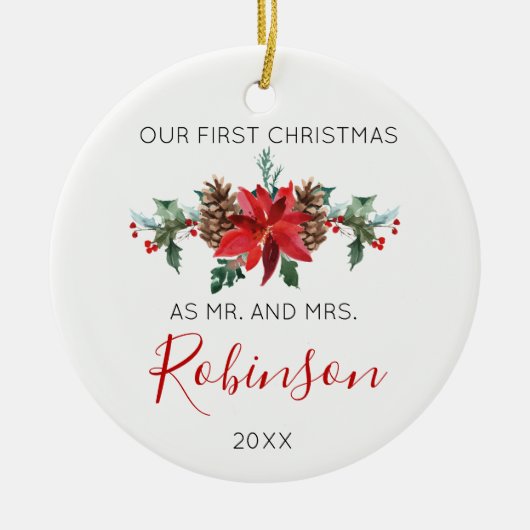 新婚者のクリスマスの氏および夫人赤い冬は開花します セラミックオーナメント (正面)