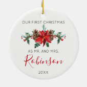 新婚者のクリスマスの氏および夫人赤い冬は開花します セラミックオーナメント (裏面)
