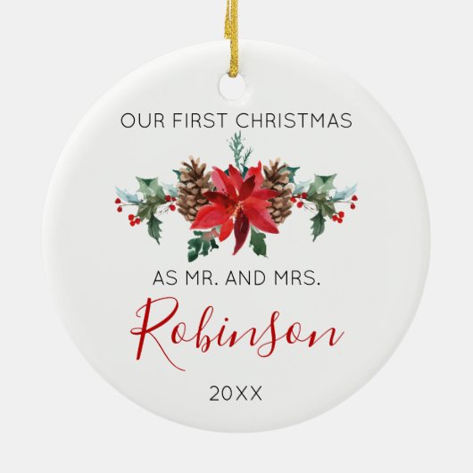 新婚者のクリスマスの氏および夫人赤い冬は開花します セラミックオーナメント (裏面)