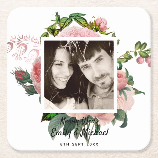 新婚赤面ピンクローゼズボタニカルフローラ写真 スクエアペーパーコースター (正面)