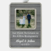 新婚1クリスマスフォトグレ素朴ーフェイクウッド シルバープレートフレームオーナメント (正面)