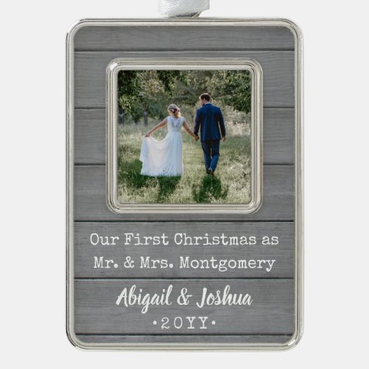 新婚1クリスマスフォトグレ素朴ーフェイクウッド シルバープレートフレームオーナメント (正面)