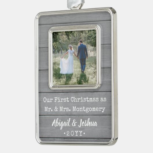 新婚1クリスマスフォトグレ素朴ーフェイクウッド シルバープレートフレームオーナメント (左)