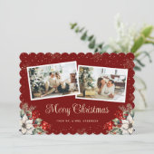 新婚2枚の写真の植物画の赤いメリークリスマス シーズンカード (スタンド正面)