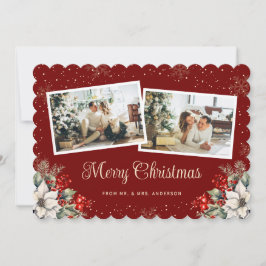 新婚2枚の写真の植物画の赤いメリークリスマス シーズンカード