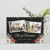 新婚2枚の写真の植物画ブラックメリークリスマス シーズンカード (スタンド正面)