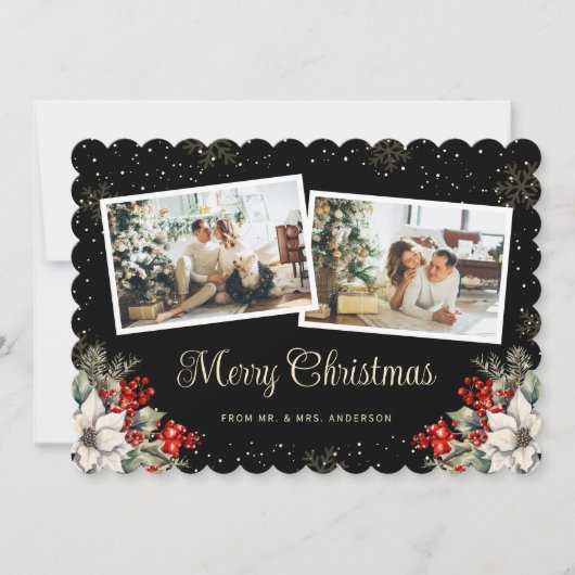 新婚2枚の写真の植物画ブラックメリークリスマス シーズンカード (正面)