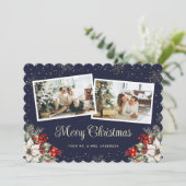 新婚2枚の写真の植物画ブルーメリークリスマス シーズンカード (スタンド正面)