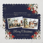 新婚2枚の写真の植物画ブルーメリークリスマス シーズンカード (正面/裏面)