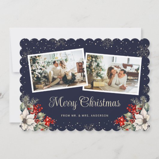 新婚2枚の写真の植物画ブルーメリークリスマス シーズンカード (正面)