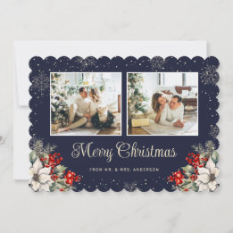 新婚2枚の写真の植物画ブルーメリークリスマス シーズンカード