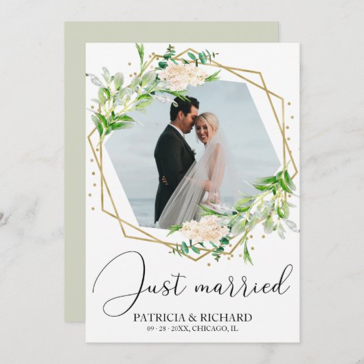 新婚 おしゃれなグリーンが彩る秘密の挙式報告 招待状 (正面/裏面)