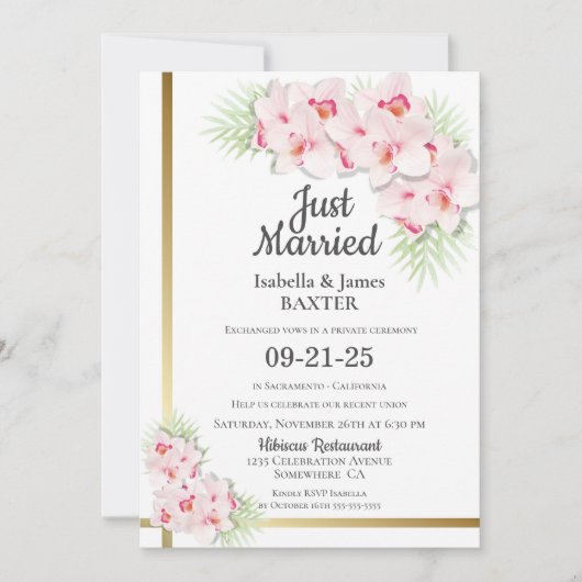 新婚 ピンクの蘭の花のウェディングレセプション 招待状 (正面)