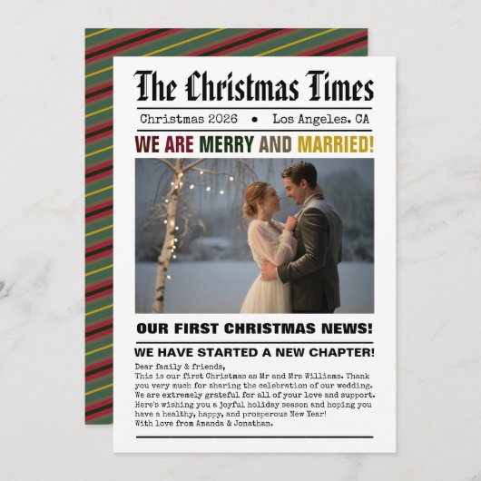 新婚 私たちの初めてのクリスマス 新聞スタイルの写真 シーズンカード (正面/裏面)