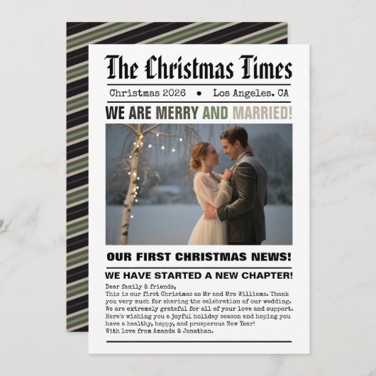 新婚 私たちの初めてのクリスマス 新聞スタイルの写真 シーズンカード (正面/裏面)