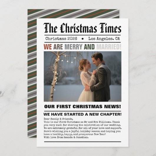 新婚 私たちの初めてのクリスマス 新聞スタイルの写真 シーズンカード (正面/裏面)