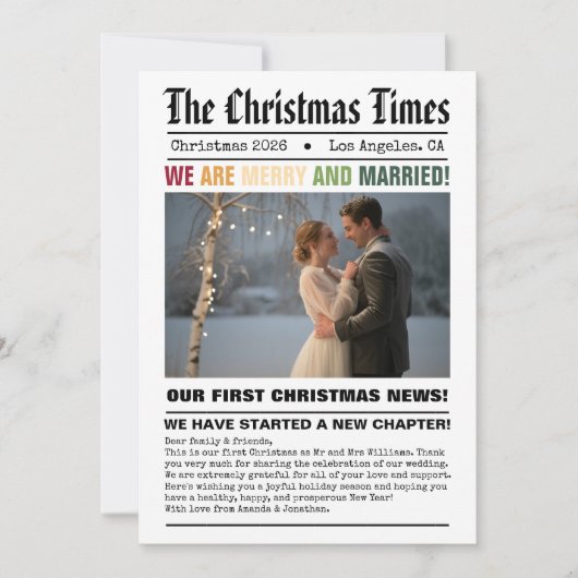 新婚 私たちの初めてのクリスマス 新聞スタイルの写真 シーズンカード (正面)