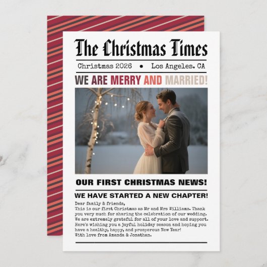 新婚 私たちの初めてのクリスマス 新聞スタイルの写真 シーズンカード (正面/裏面)