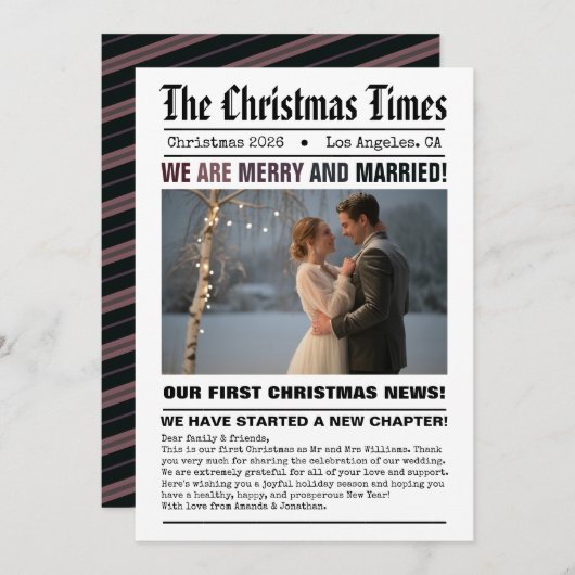 新婚 私たちの初めてのクリスマス 新聞スタイルの写真 シーズンカード (正面/裏面)