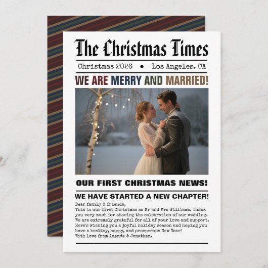 新婚 私たちの初めてのクリスマス 新聞スタイルの写真 シーズンカード (正面/裏面)