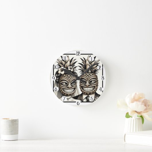 新婦と新郎のアロハパイナップルティキヘッドウェディング ラウンド壁時計 (ホーム)