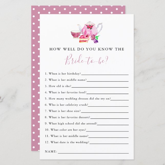 新婦を知る ブライダルシャワーゲーム ティーパーティー (正面/裏面)