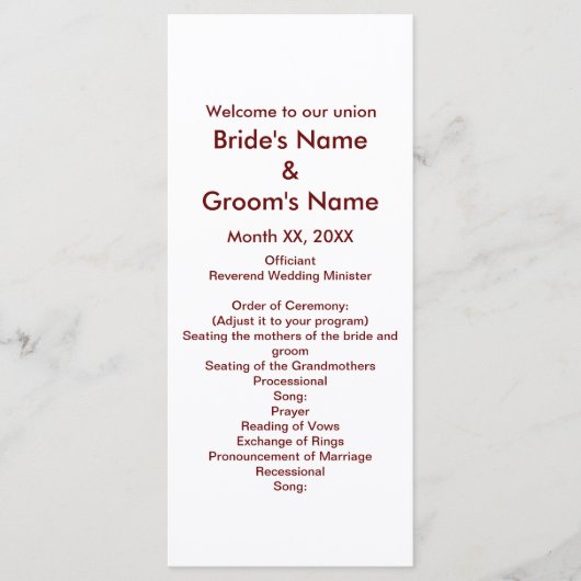 新婦パーソナライズされた結婚式 プログラムラックカード プログラム (正面)