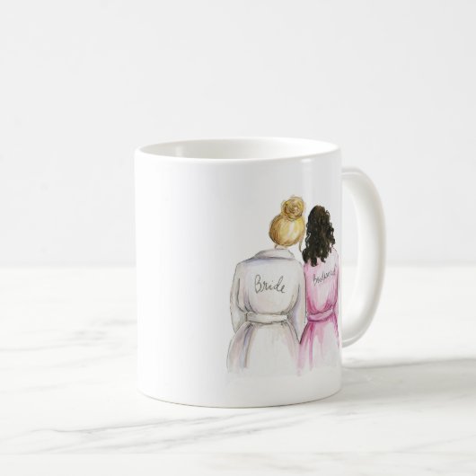 新婦付添人か。 ブロンドのパンの花嫁の暗いBrの巻き毛の女中 コーヒーマグカップ (正面右)