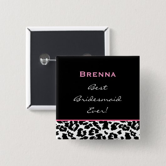 新婦付添人の白黒のピンクのヒョウの名前をカスタムする 缶バッジ (正面&裏面)