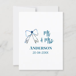 新婦新郎の名前と日付のウェディングギフト 青と緑のリボン ポストカード