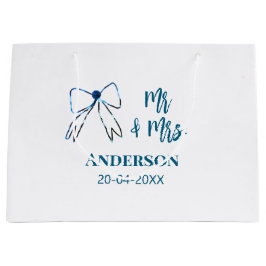 新婦新郎の名前と日付のウェディングギフト 青と緑のリボン ラージペーパーバッグ