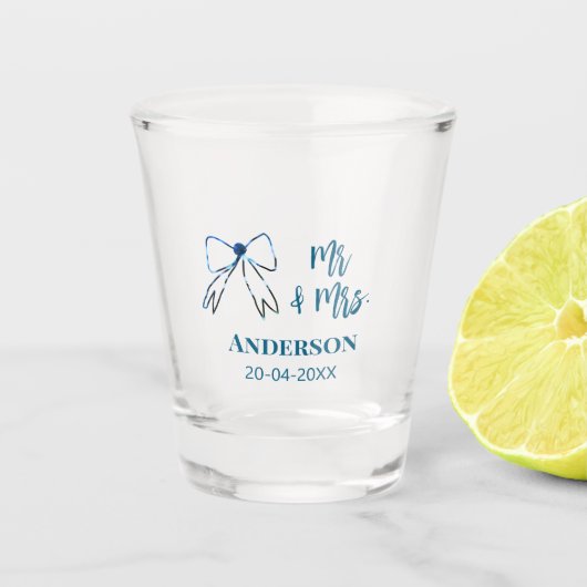 新婦新郎  名前 日付 結婚 記念品 リボン 青 緑 ショットグラス (正面)
