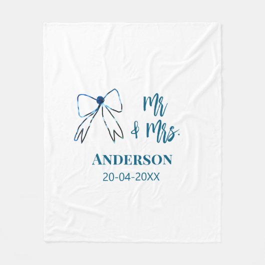 新婦新郎  名前 日付 結婚 記念品 リボン 青 緑 フリースブランケット (正面)