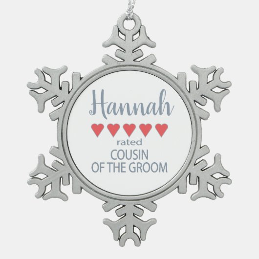 新婦＆ウェディングパーティー５　新郎の心臓のいとこ スノーフレークピューターオーナメント (正面)