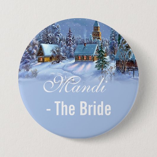 新婦、ヴィンテージクリスマスツリー雪の世界結婚の 缶バッジ (正面)