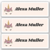 新学期かわいいパープルユニコーンの名前ステッカー シール (正面)