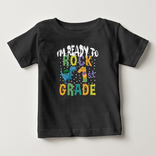 新学期だ！1年生でロックするぞ！恐竜 ベビーTシャツ (正面)