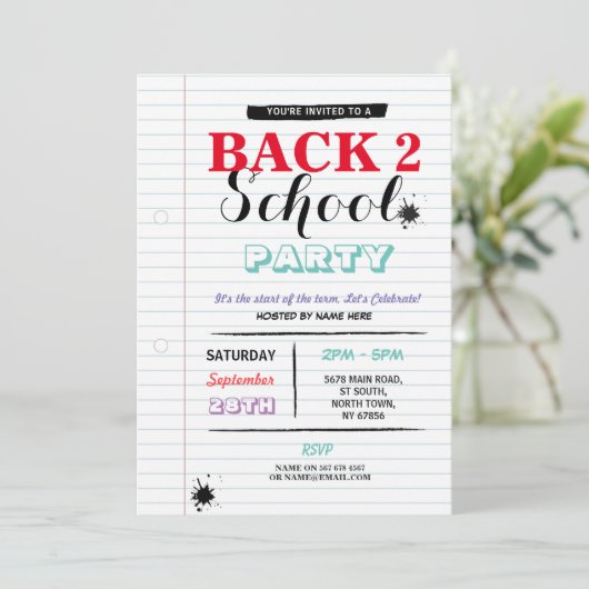 新学期のパーティーのノート紙のおもしろいインク招待 招待状 (スタンド正面)