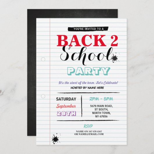 新学期のパーティーのノート紙のおもしろいインク招待 招待状 (正面/裏面)