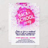 新学期のパーティーのペイントスプラッタ招待状 - ピンク 招待状 (正面/裏面)