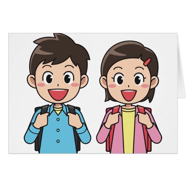 新学期の男の子の女の子の兄弟の姉妹学生 (正面横)