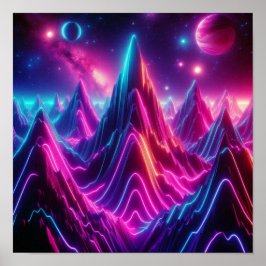 新学期を迎えるネオン宇宙の山景色 ポスター