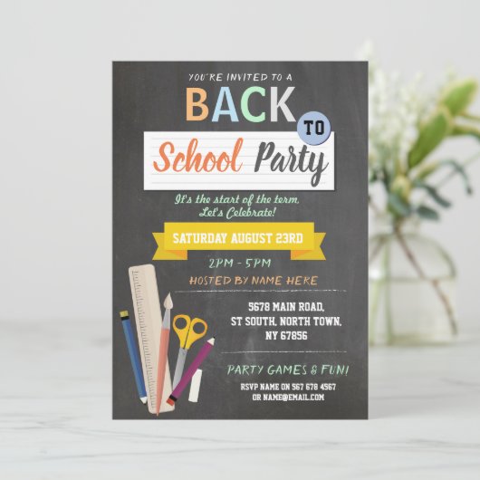 新学期パーティー先生シャルボードおもしろい招待状 招待状 (スタンド正面)